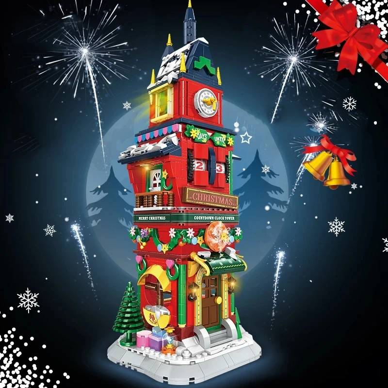 Kf S52F4783852C1415Aa37Ca9F2Afebe16Ef 2023 City Creativity Winter Village Christmas Eve Count Down Tower Model Building Blocks Bricks Kids Toys